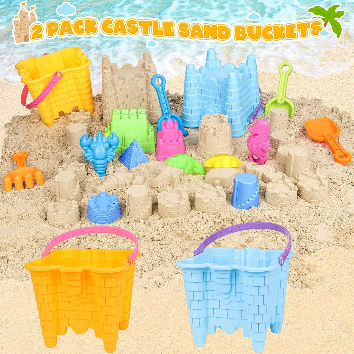 Toddler playing with Kubusfly beach sand castle molds at the seaside