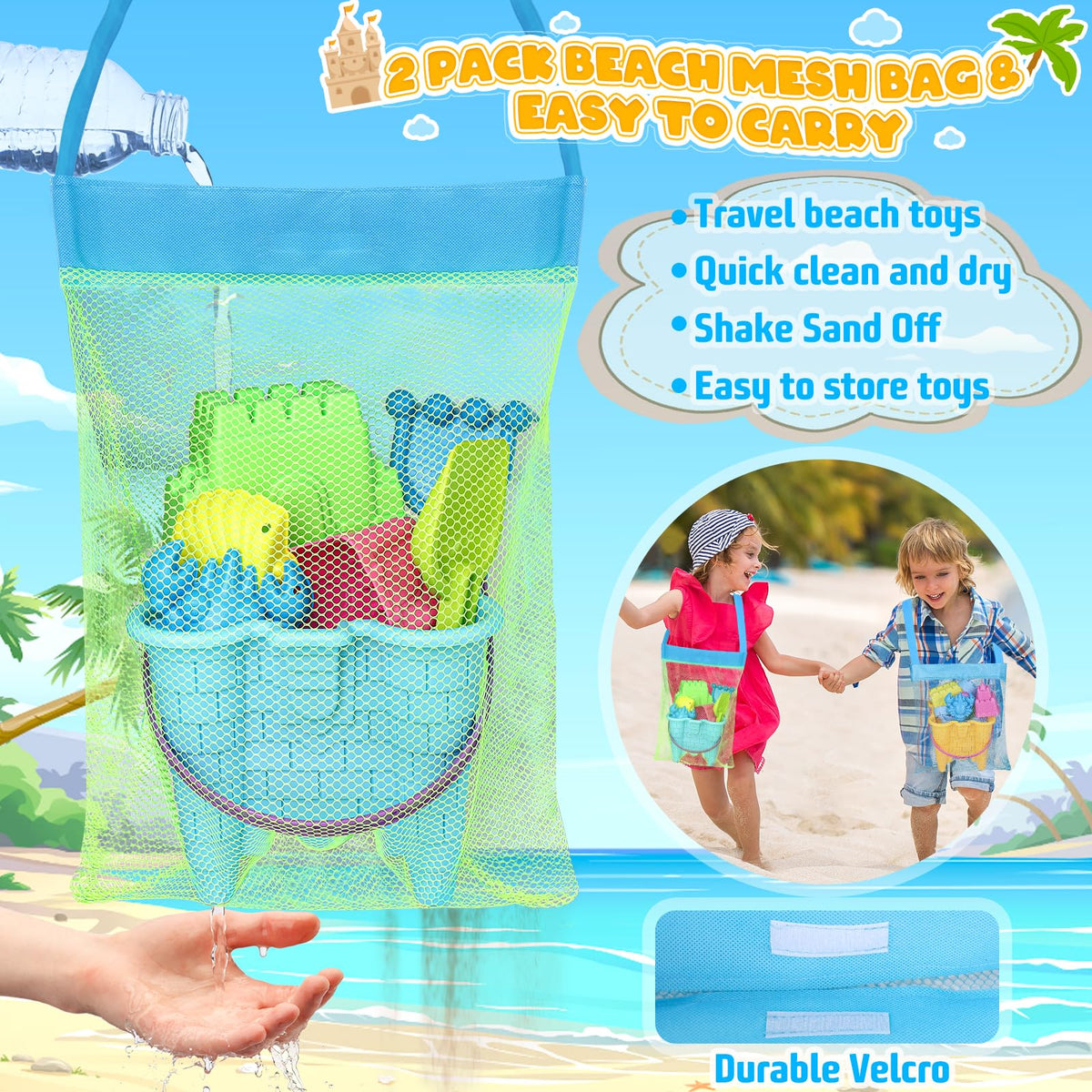 Kubusfly sand toy set contents including shovels rakes and mesh bags