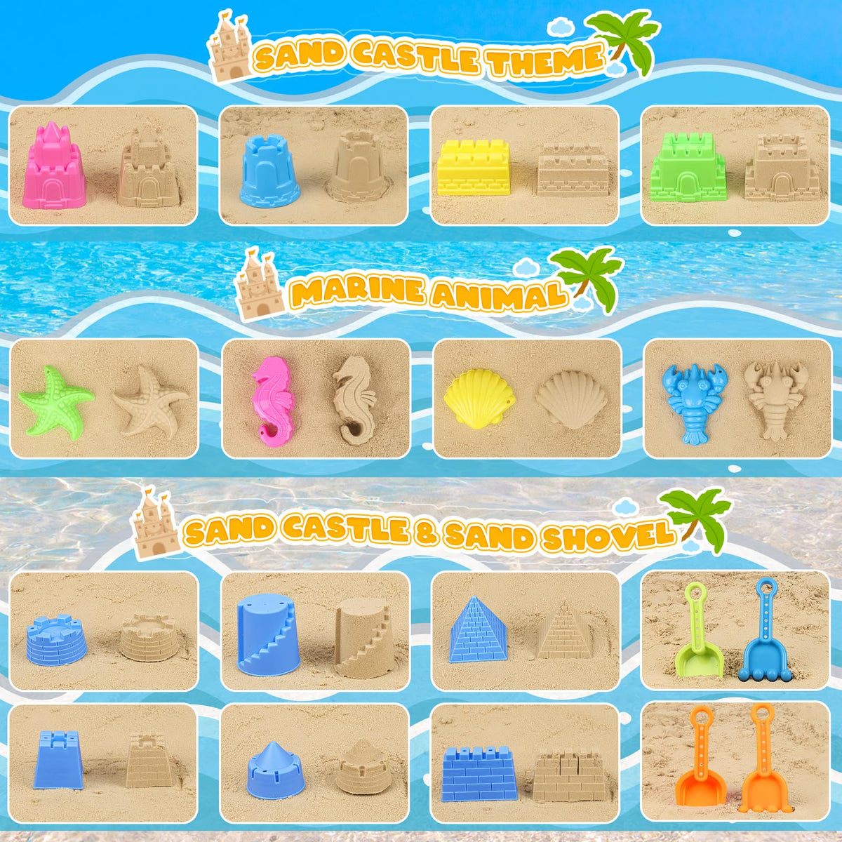 Close up of Kubusfly durable plastic castle molds and sea animal shapes
