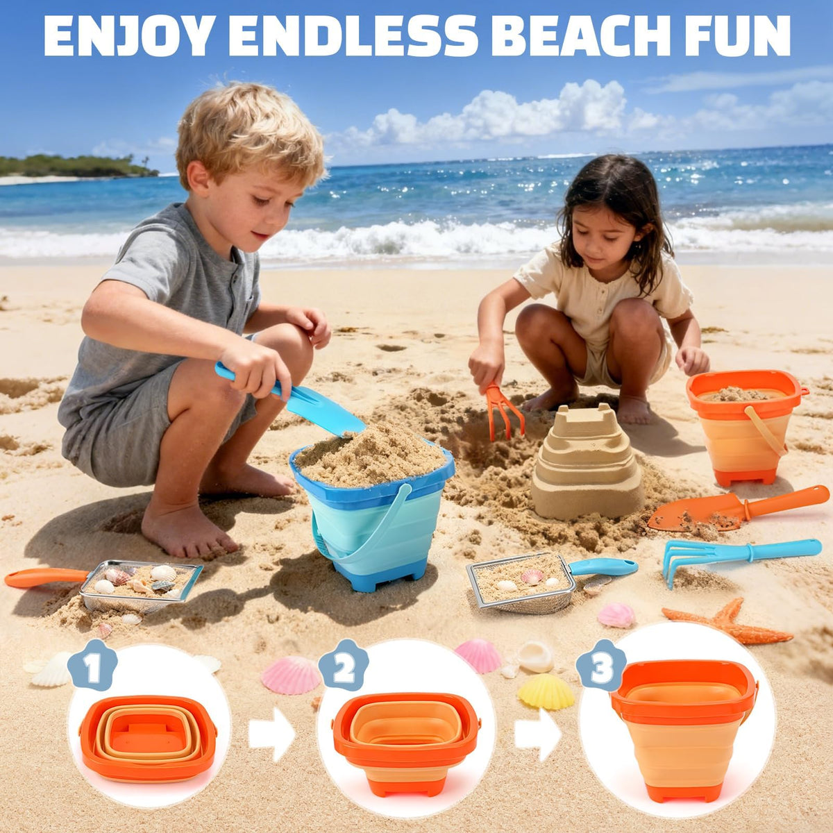 Ten piece sandcastle building tools set with mesh bags.