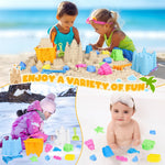 Child organizing beach toys into the provided mesh carrying bags