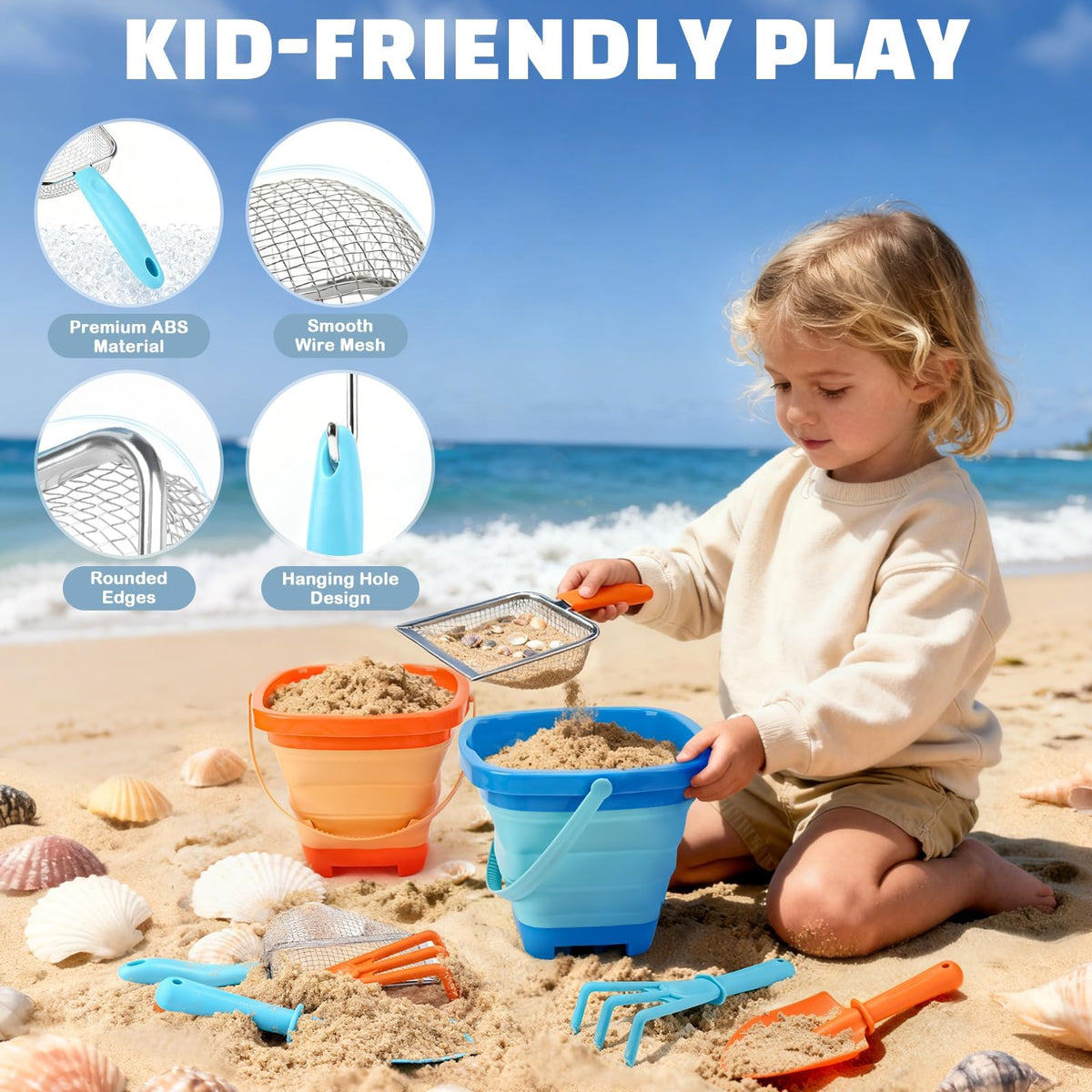Close up of ergonomic rake and shovel for sand play.