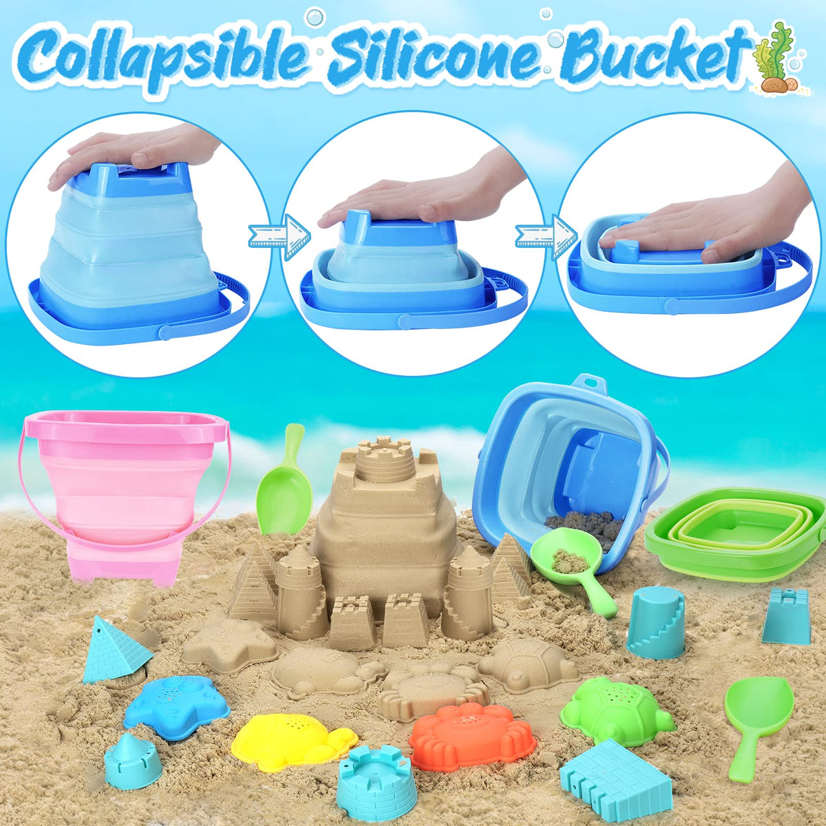 Racpnel foldable silicone sand pails in mesh bag