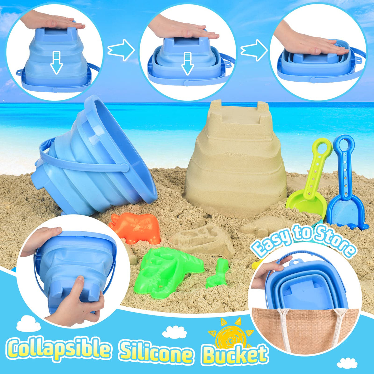 Foldable silicone beach bucket for kids sand play