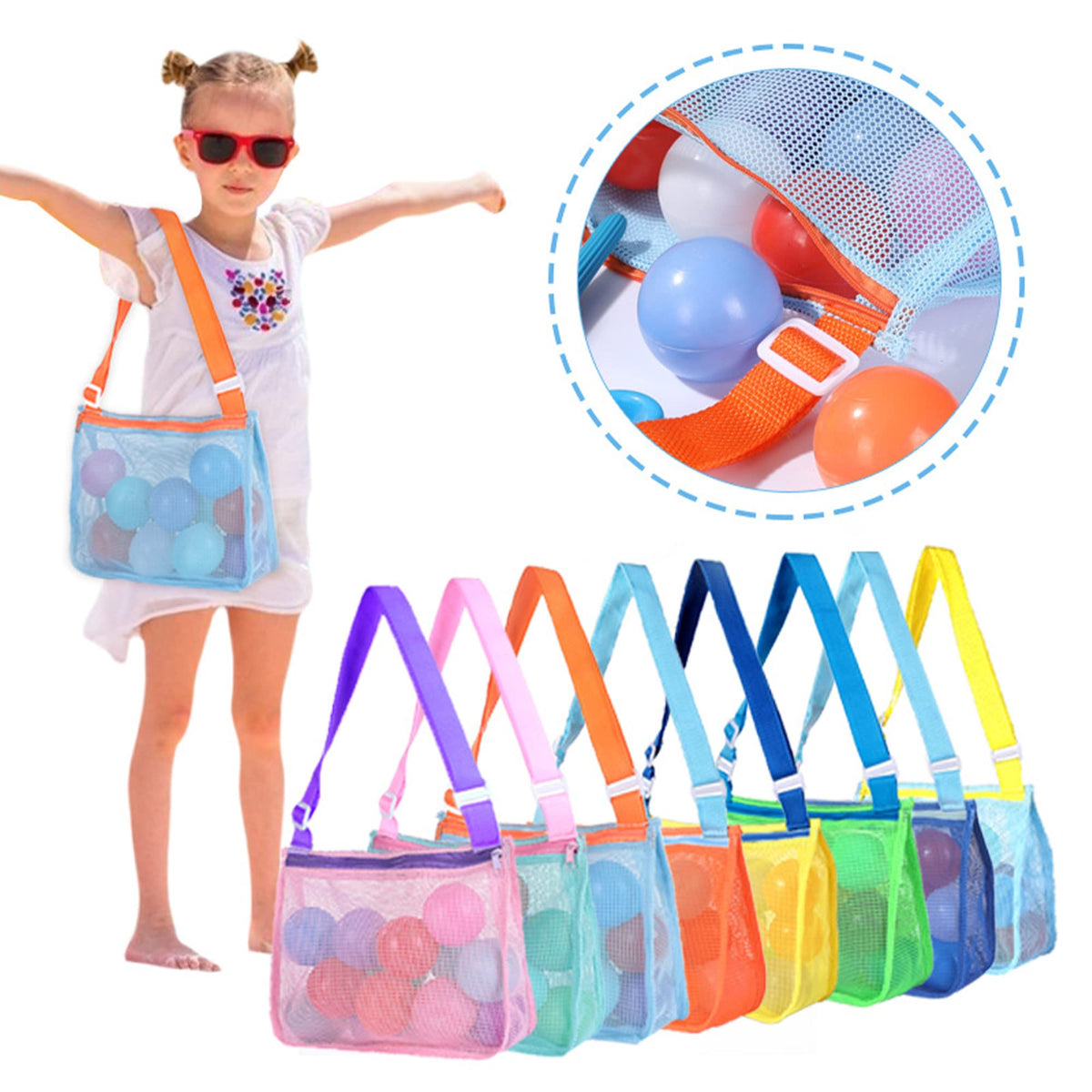 Child carrying UTTPLL adjustable mesh beach tote bag.