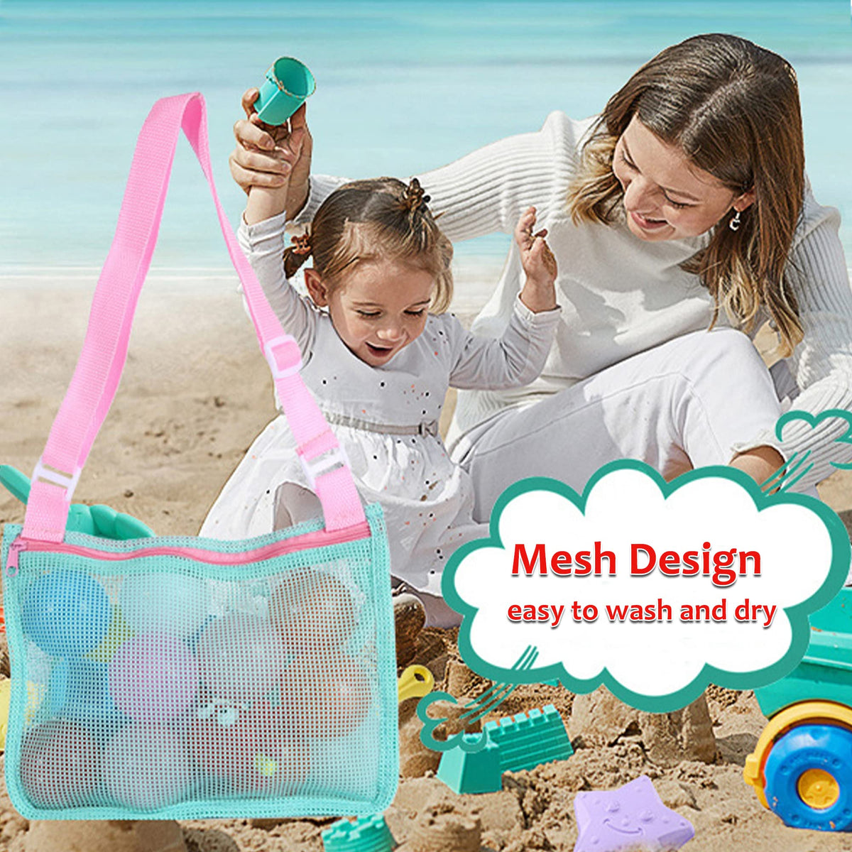 Side view of UTTPLL quick dry beach bag with sand toys.