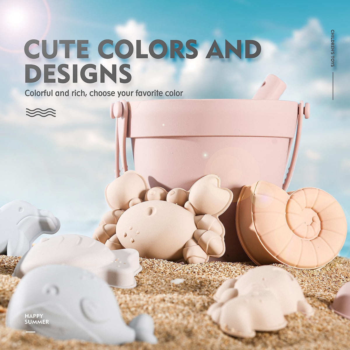 Close up of MarcZero silicone bucket and ocean animal sand molds