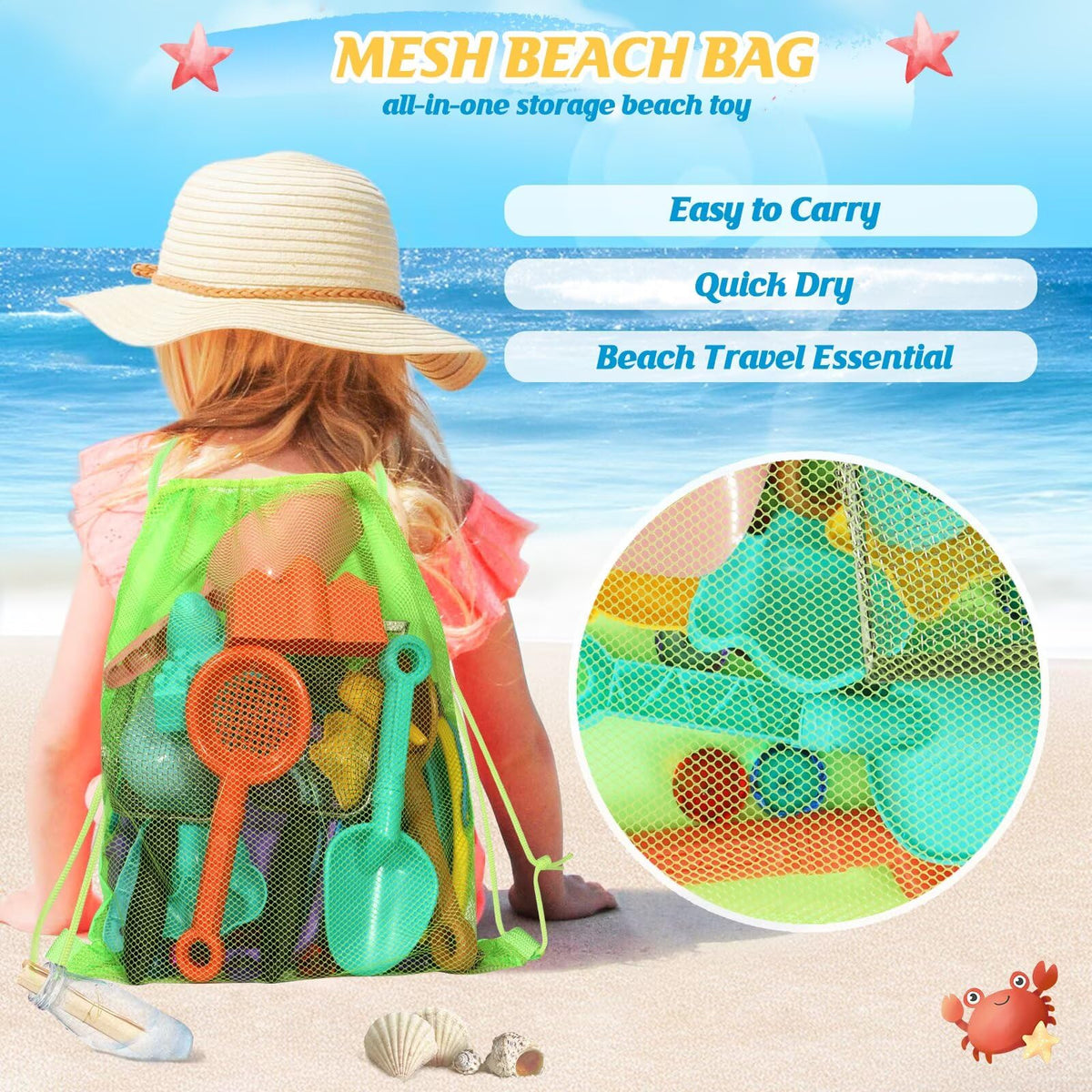 Beach toys packed in a mesh travel bag