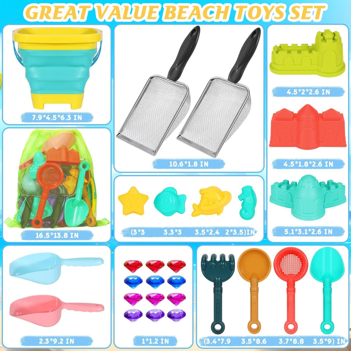 Detailed view of Huitem sand castle kit pieces