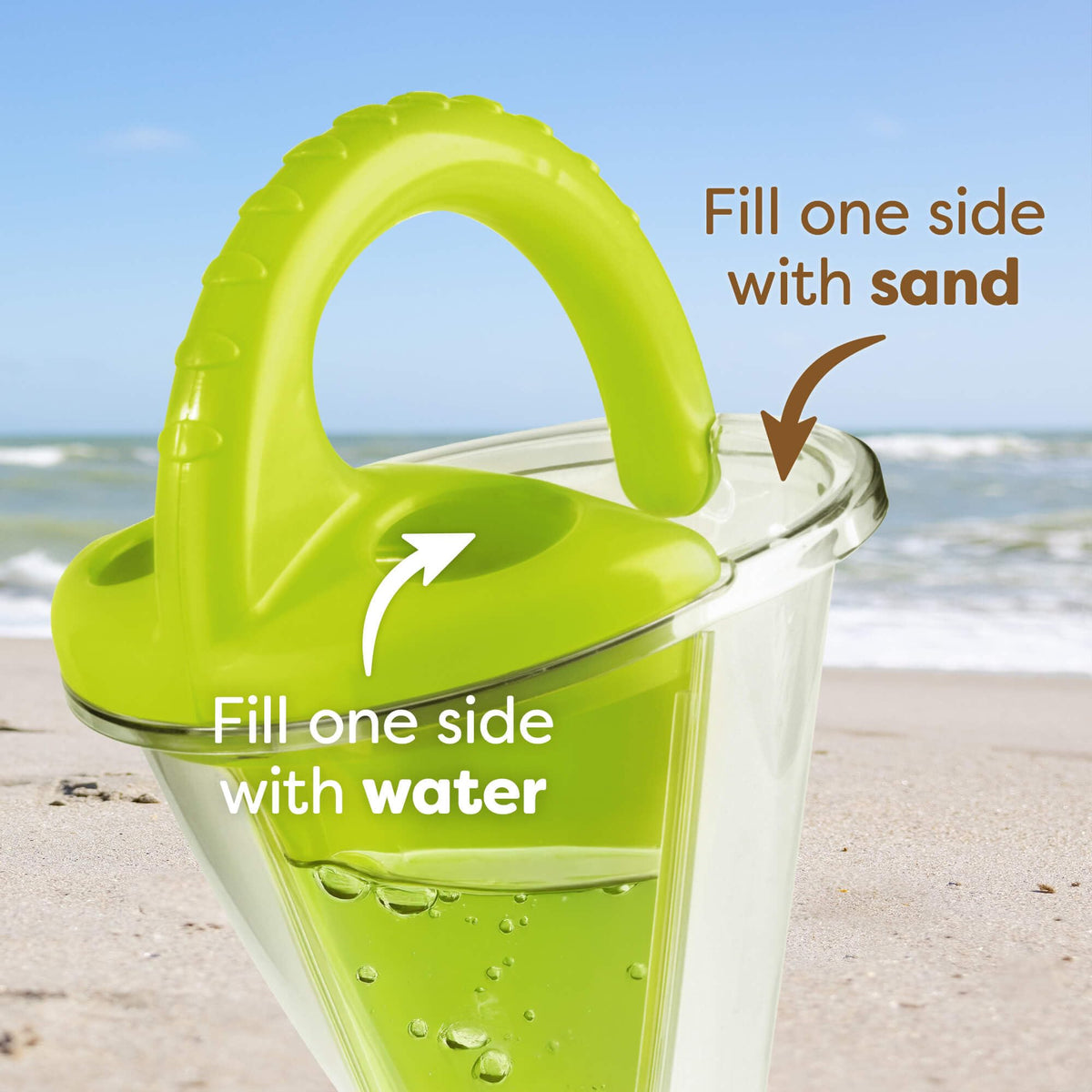 Child using HABA Spilling Funnel and sifting shovel at the beach