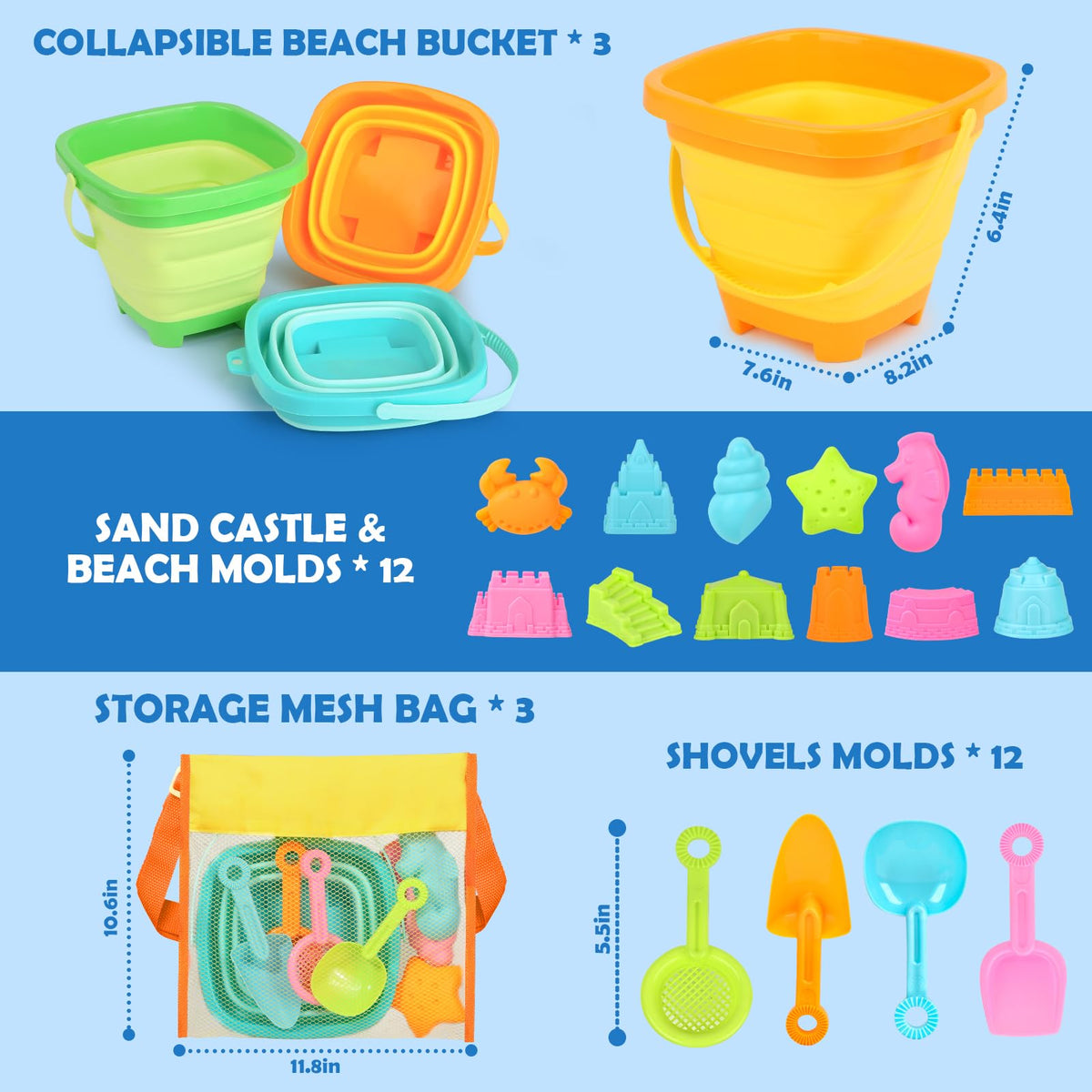 Dreamon foldable silicone-style buckets in teal lime green and yellow