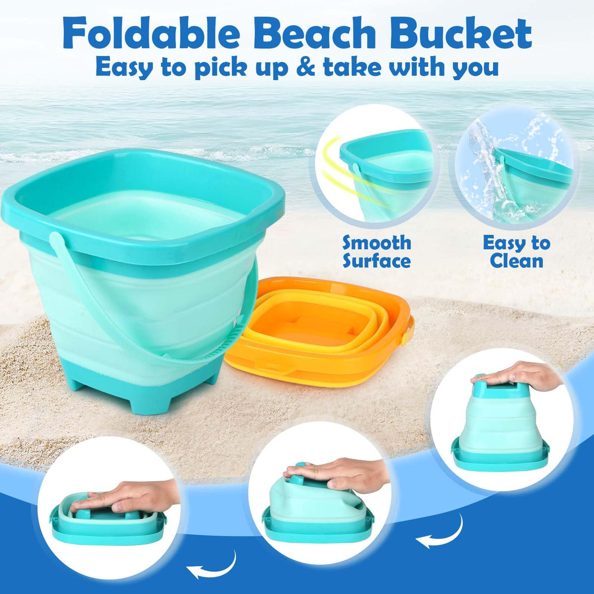 Child playing with Dreamon collapsible sand buckets at the beach