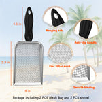 Two metal sand sifters with plastic handles
