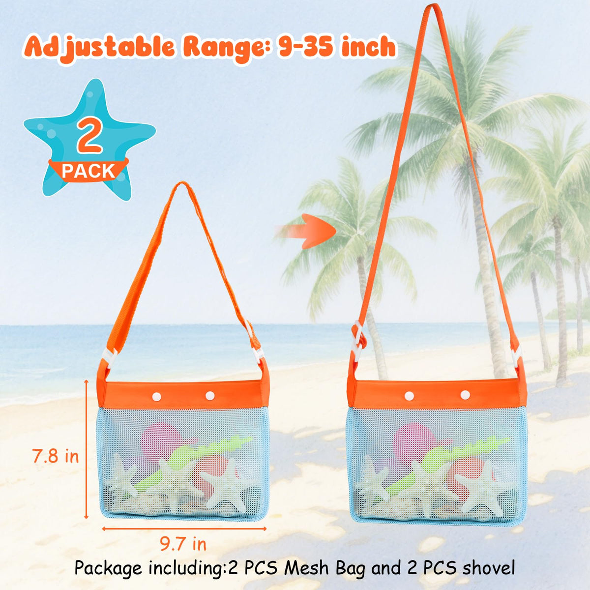 Adjustable strap mesh beach bags for shell collecting