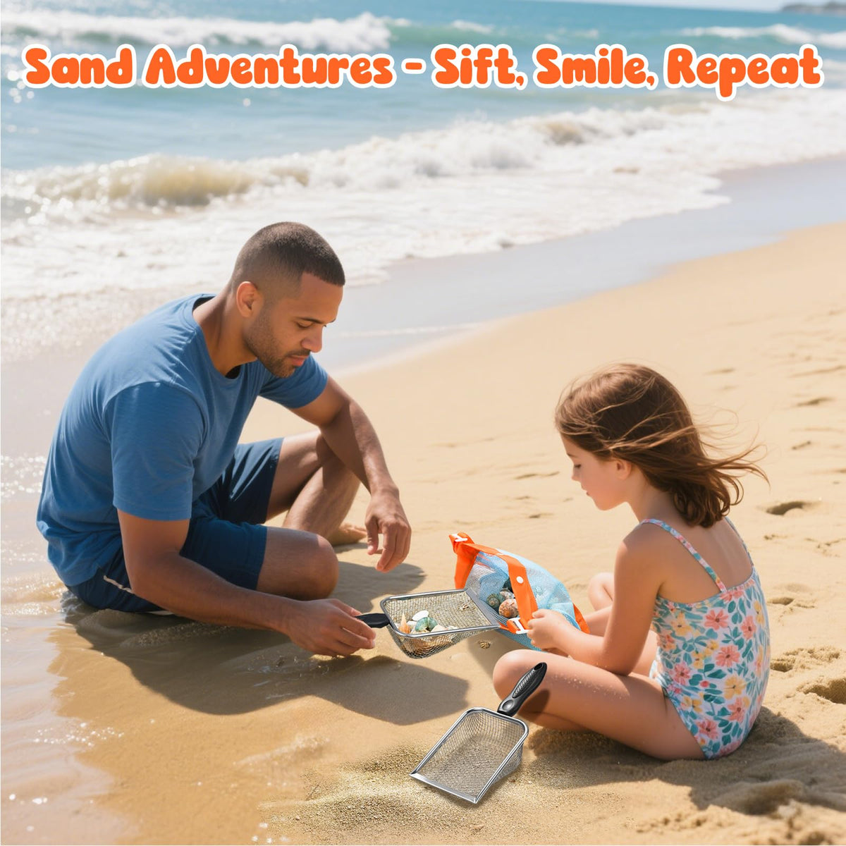 Child using beach mesh shovel to sift sand