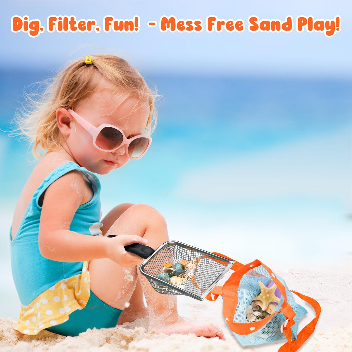 Sand sifter tool filtering sand on the beach