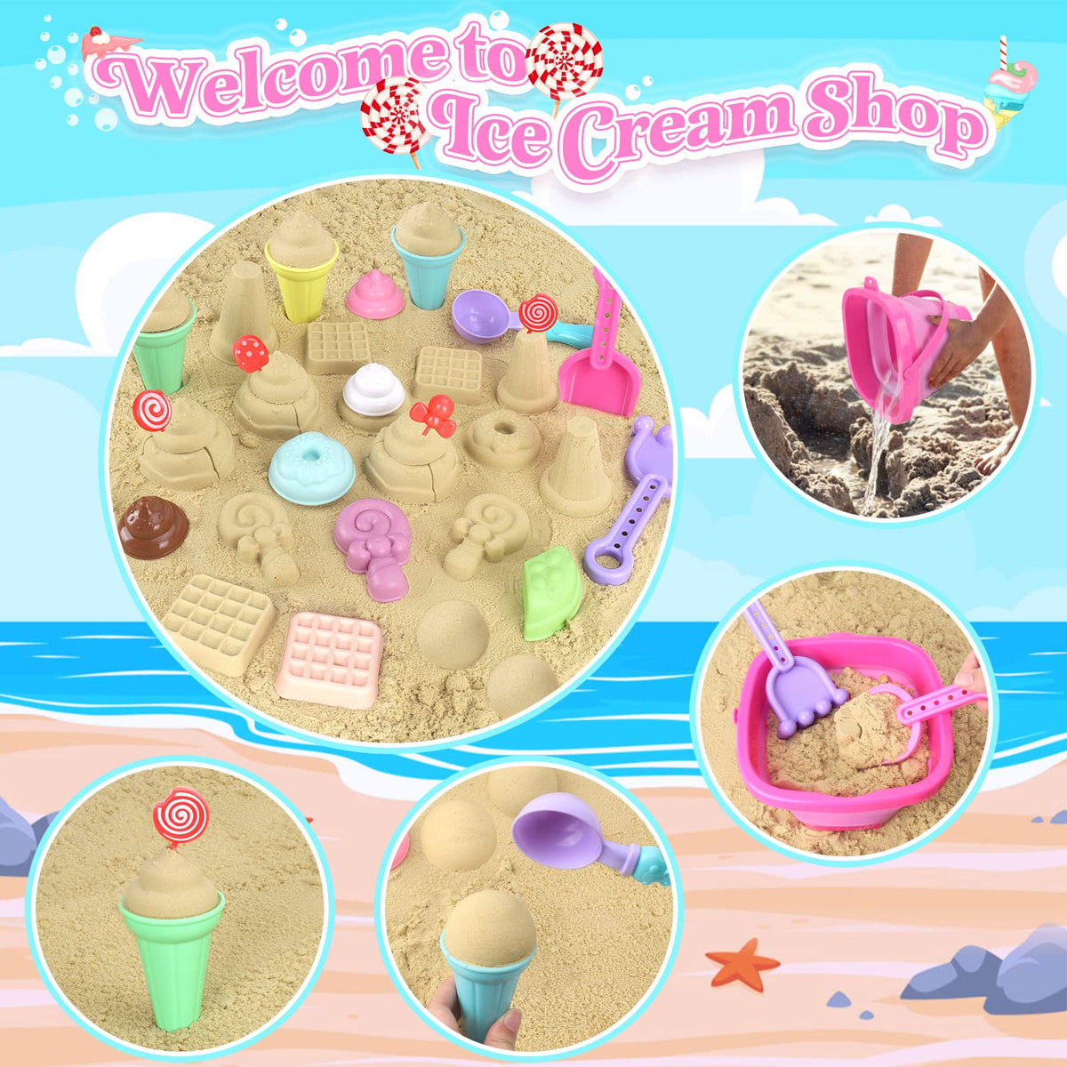 Ice cream themed sand toys set with mesh bag