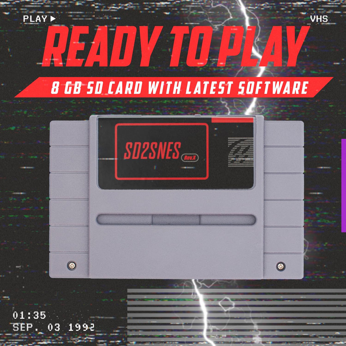 Close up of SD2SNES Rev X 2025 cartridge with microSD card slot