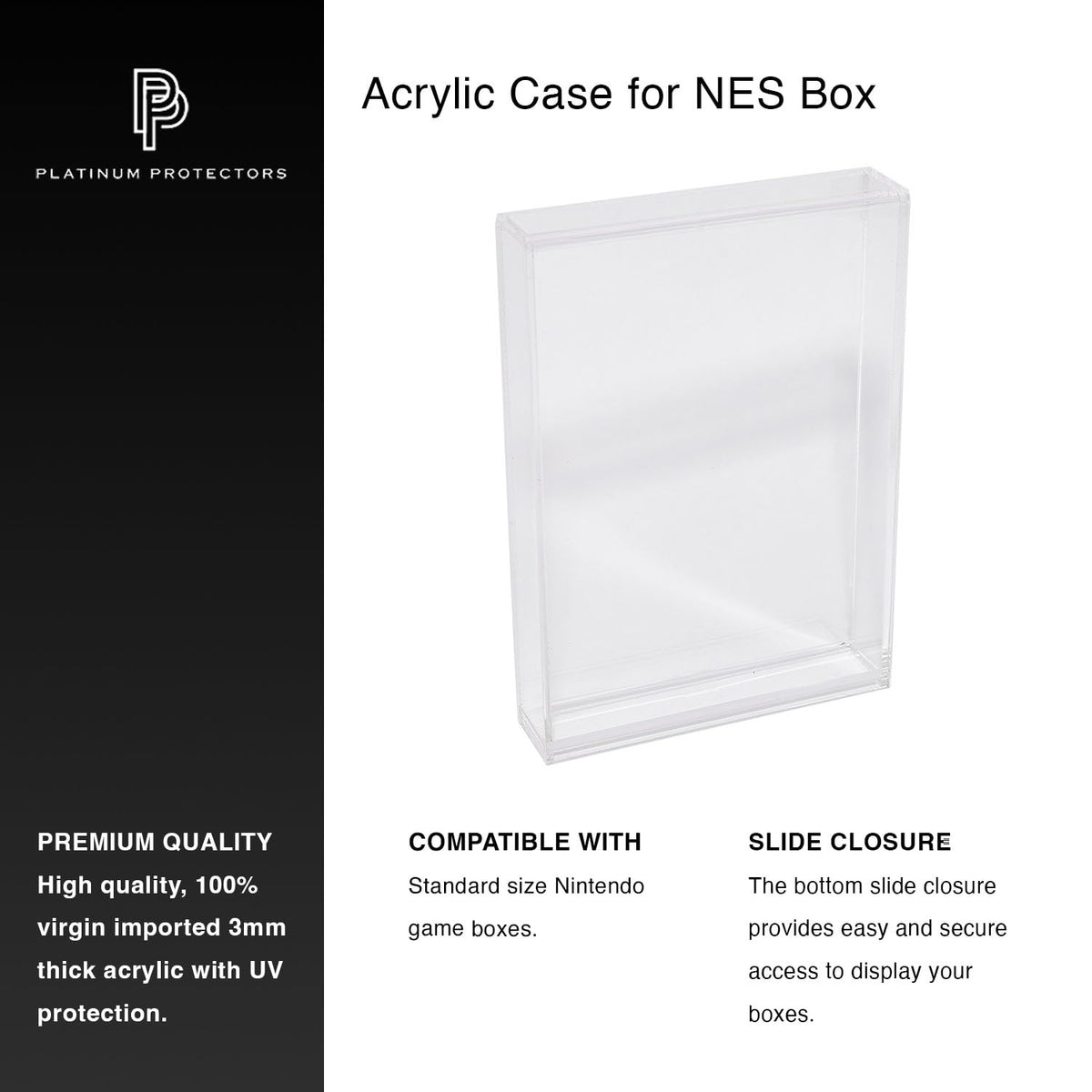 Side profile of Platinum Protectors display case showing UV protection