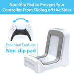 TotalMount premium controller mounting stands holding two white PlayStation 5 wireless controllers.