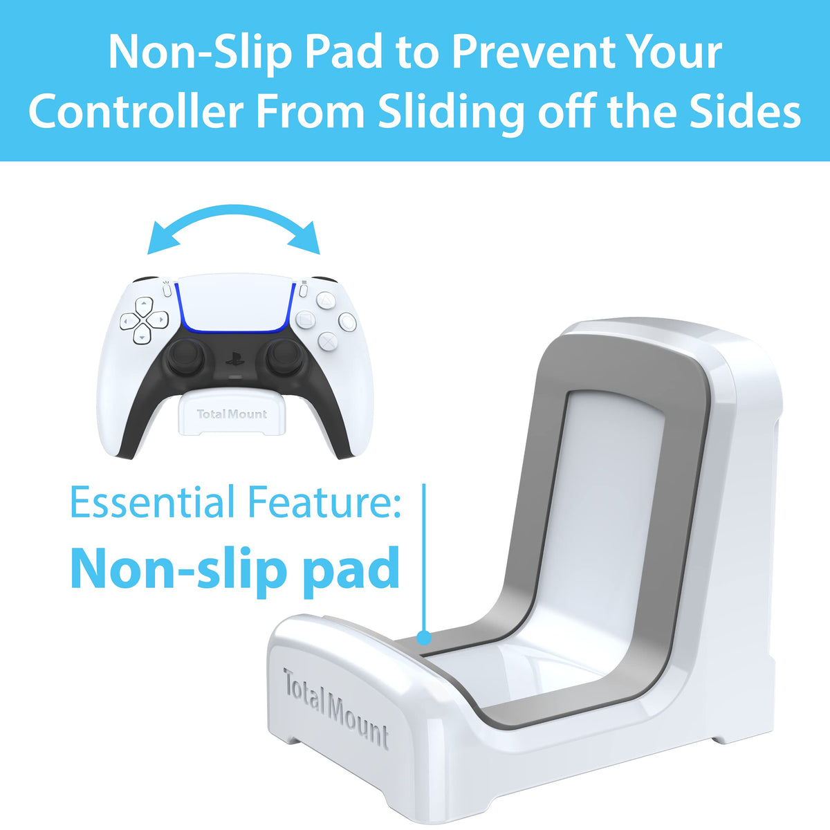 TotalMount premium controller mounting stands holding two white PlayStation 5 wireless controllers.