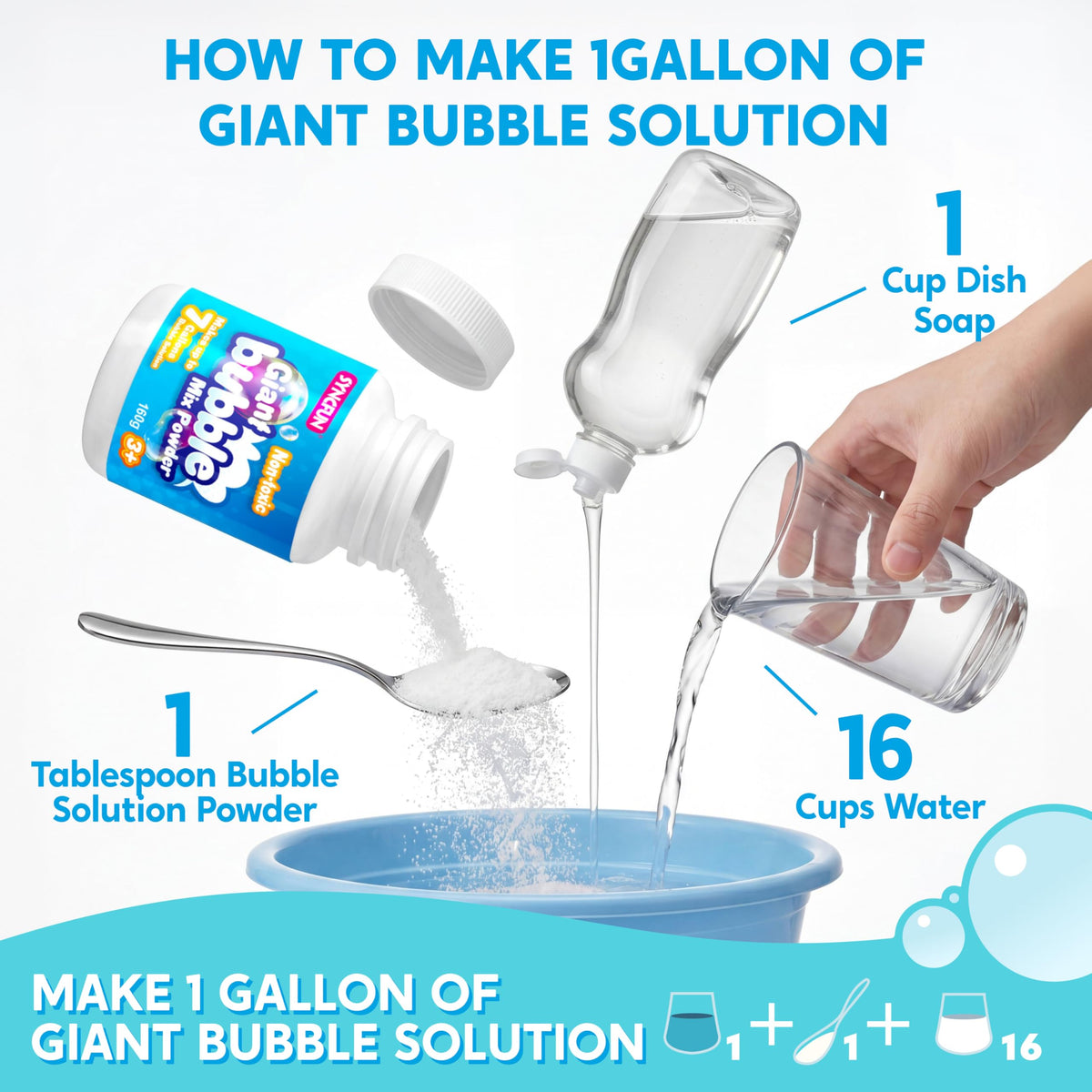 Syncfun bubble solution refill powder being mixed in a large bucket