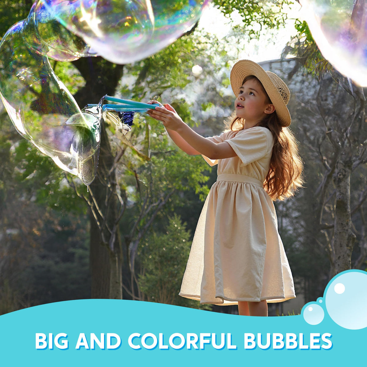 Children playing outdoors with large wands and Syncfun giant bubble solution