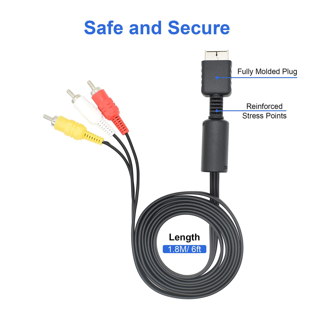 CSTESVN retro gaming AV television connection cord showing the durable black rubber jacket