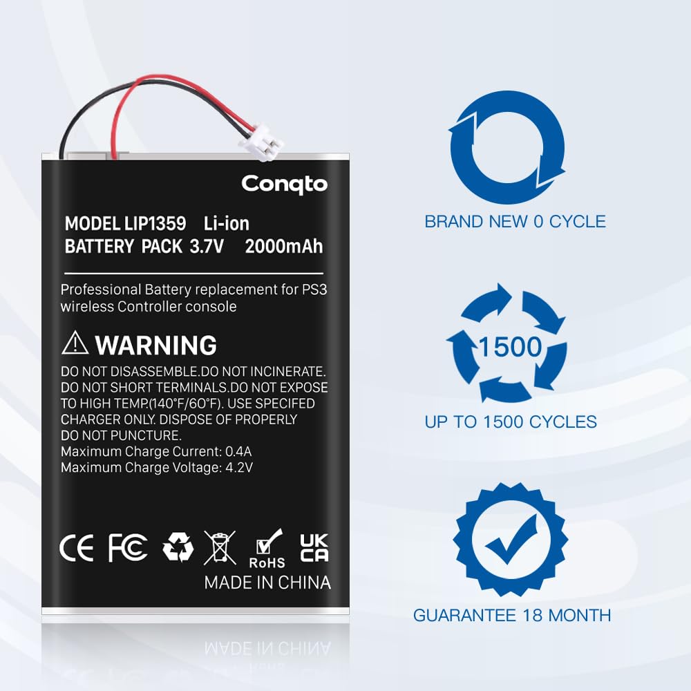 High capacity 3.7V lithium-ion upgrade battery for DualShock 3 showing the precise white connection terminal pin plug.