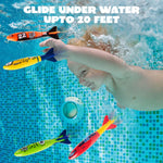 JOYIN colorful sinking shark toys standing upright on a swimming pool floor during dive training