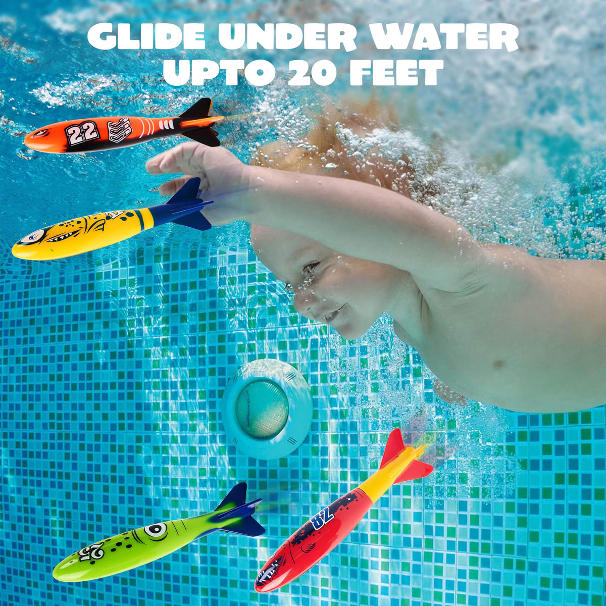JOYIN colorful sinking shark toys standing upright on a swimming pool floor during dive training