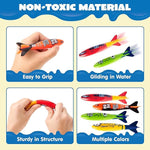 Kids practicing swimming skills by retrieving fade-resistant shark diving toys from underwater