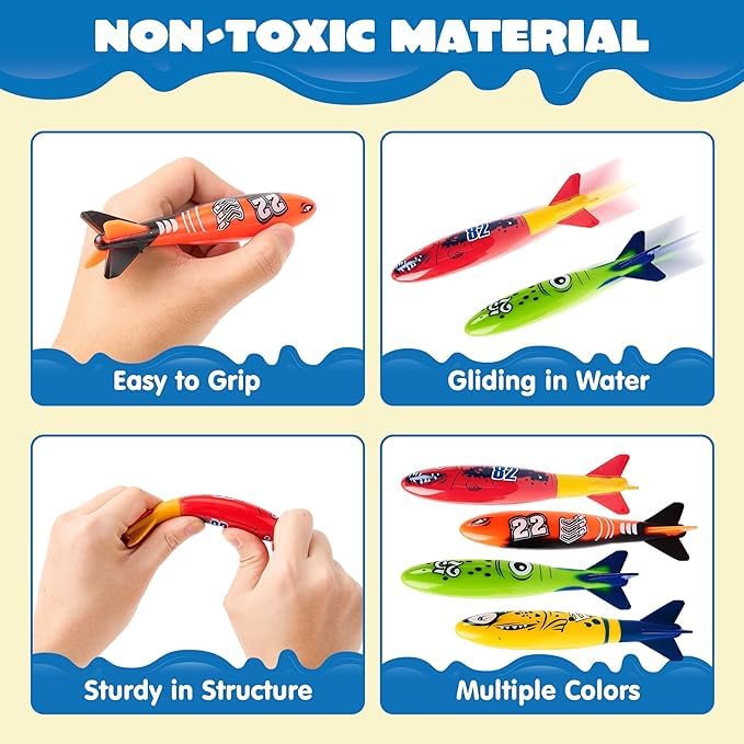 Kids practicing swimming skills by retrieving fade-resistant shark diving toys from underwater