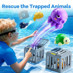 Six colorful ocean animal figures sitting next to their matching weighted grey rescue cages.