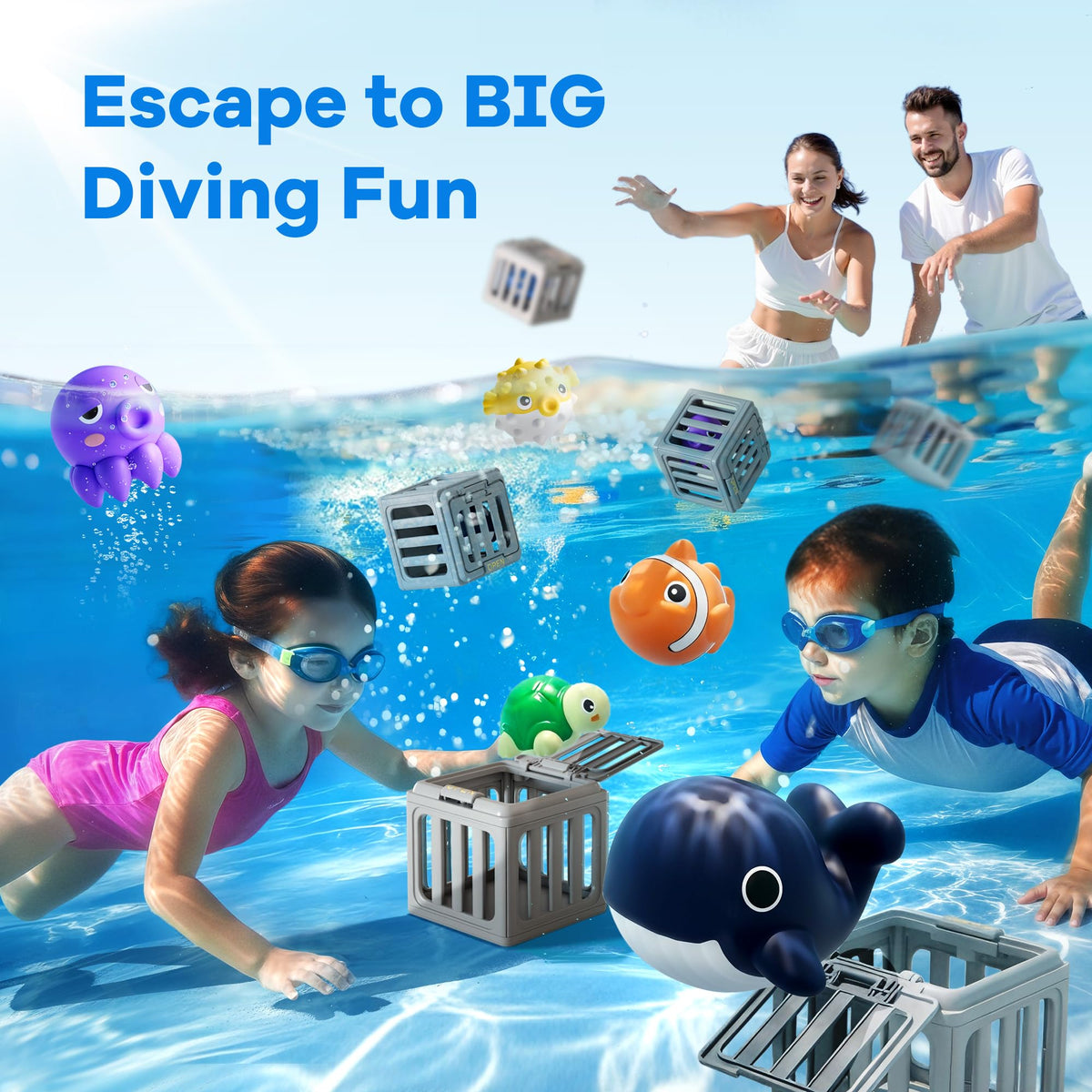 Funscape water game pieces arranged clearly to display the six unique sea creature designs.