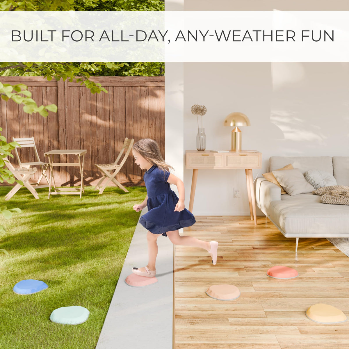 Six piece kid safe sensory play set neatly stacked together demonstrating the compact and space saving storage design.