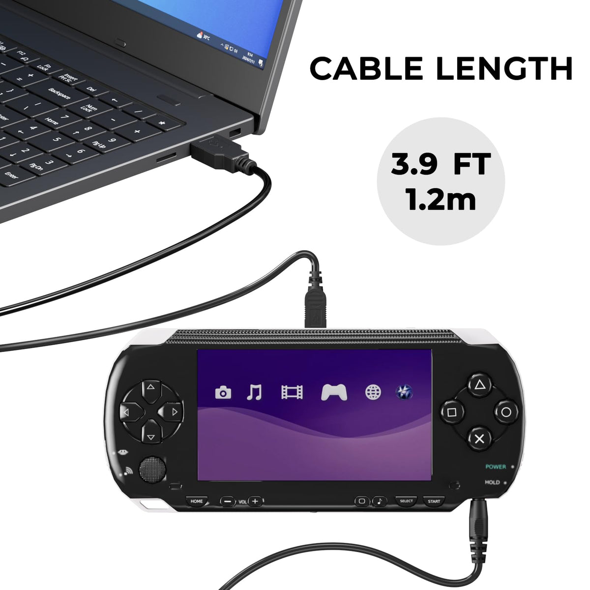 Mugust data sync cable plugged into the top port of a handheld gaming console for file transfer.