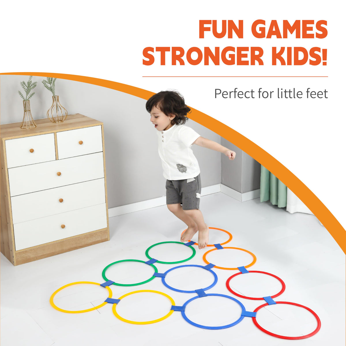 Children playing with colorful hopscotch rings outside