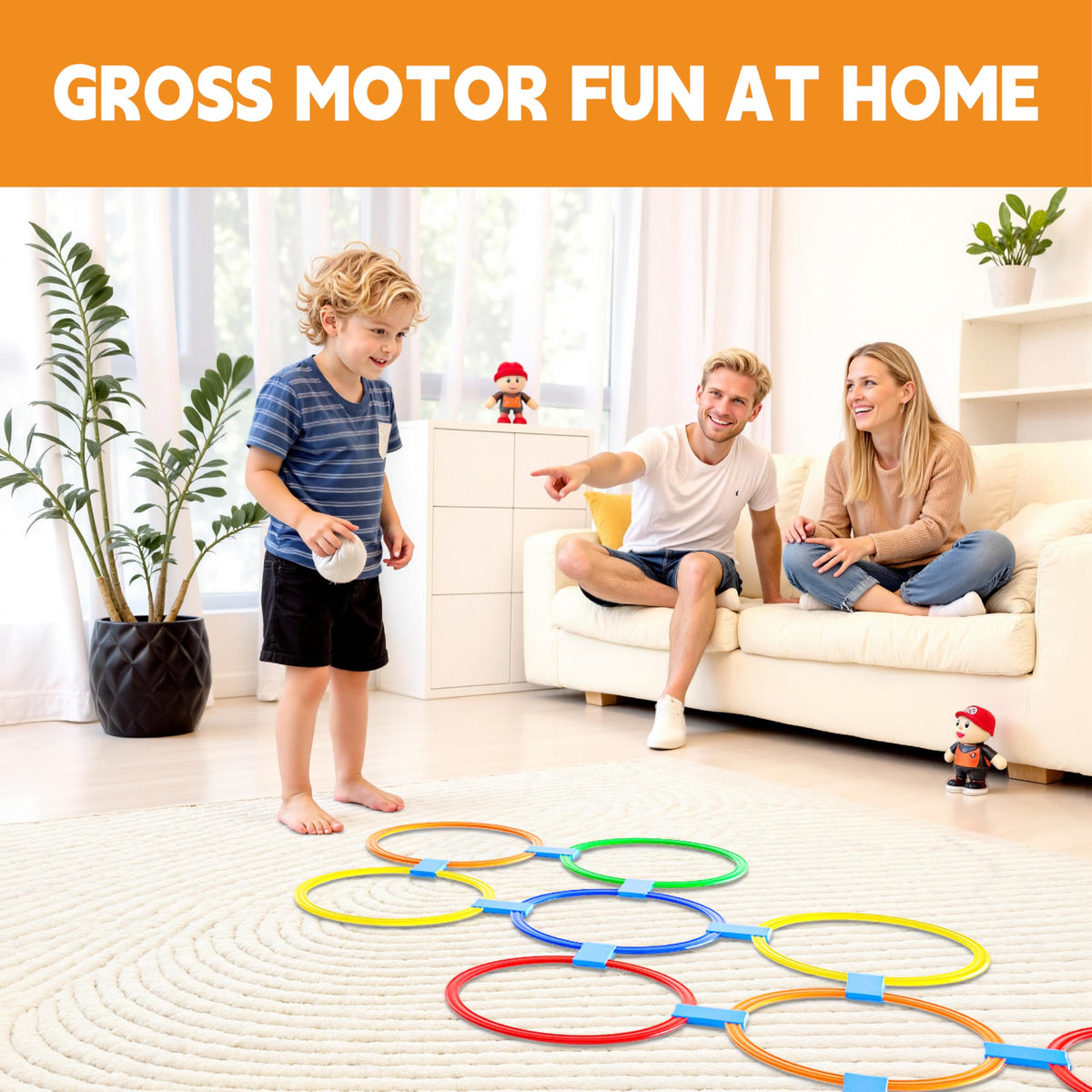Oranmew hopscotch rings laid out on grass field