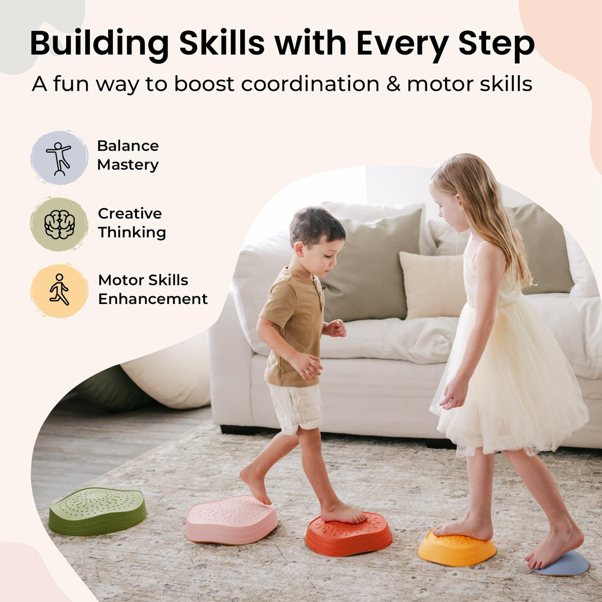 Kids navigating an obstacle course using Tiny Land stepping stones