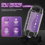 TNP protective transparent cover shell enclosing a handheld console to demonstrate snug tailored fit design