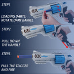Two kids playing with Whatstem foam dart blasters outdoors