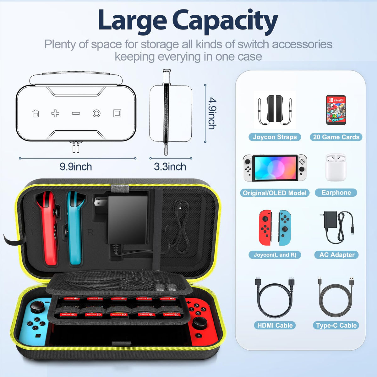 OIVO Nintendo Switch hard bag showing twenty game card slots loaded with cartridges.