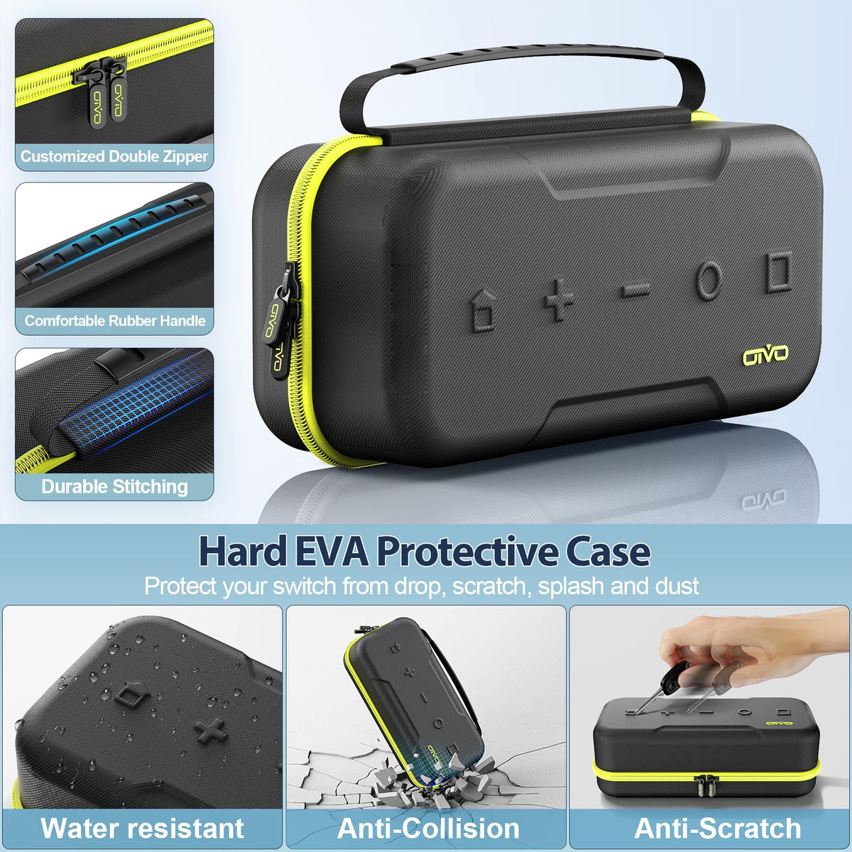 OIVO protective travel storage case showing the built in adjustable tabletop kickstand functionality.