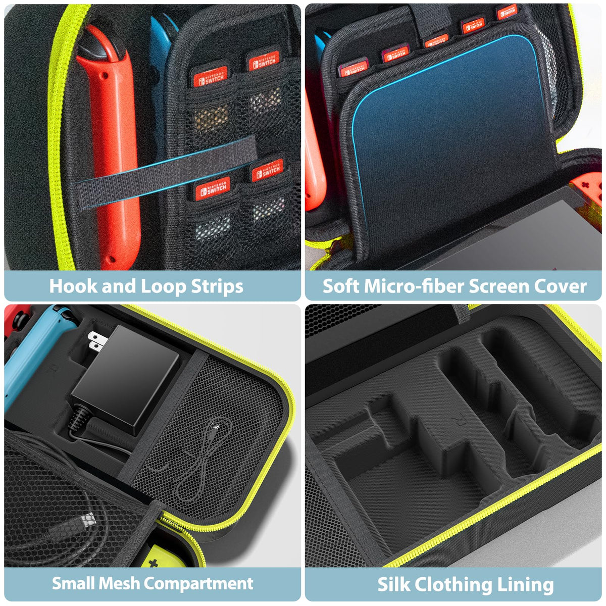 OIVO Switch OLED yellow case side angle emphasizing the heavy duty dual zipper track setup.
