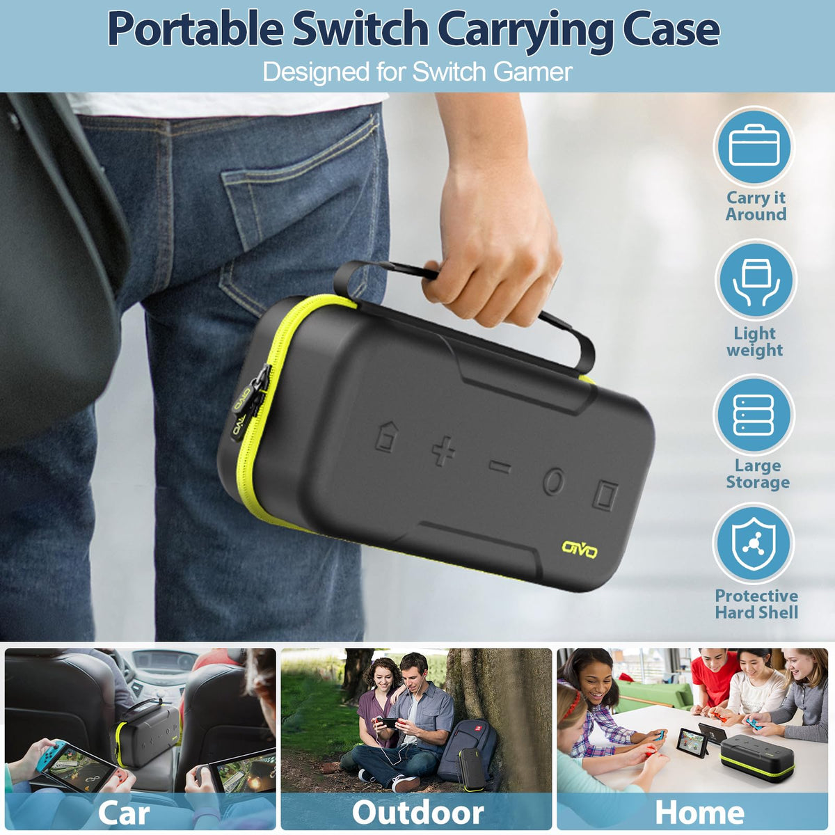 OIVO Switch travel storage bag interior view illustrating the upper mesh pocket holding charging cables.