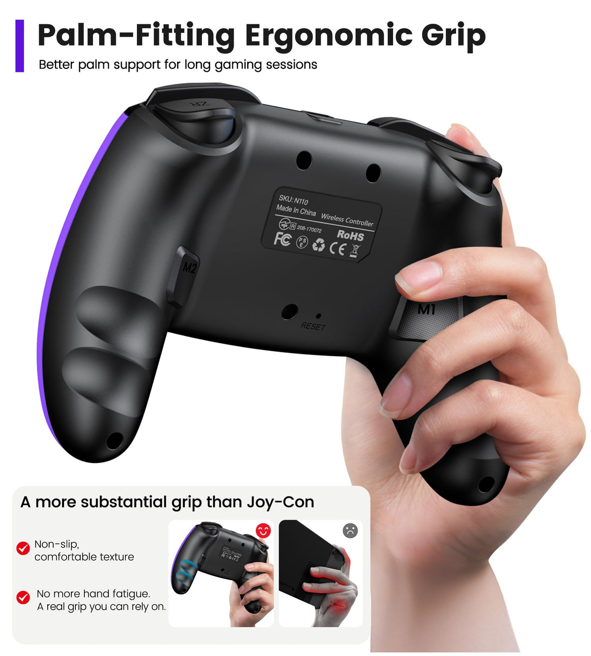 Elisween switch controller angled view highlighting the ergonomic design and comfortable thumbsticks