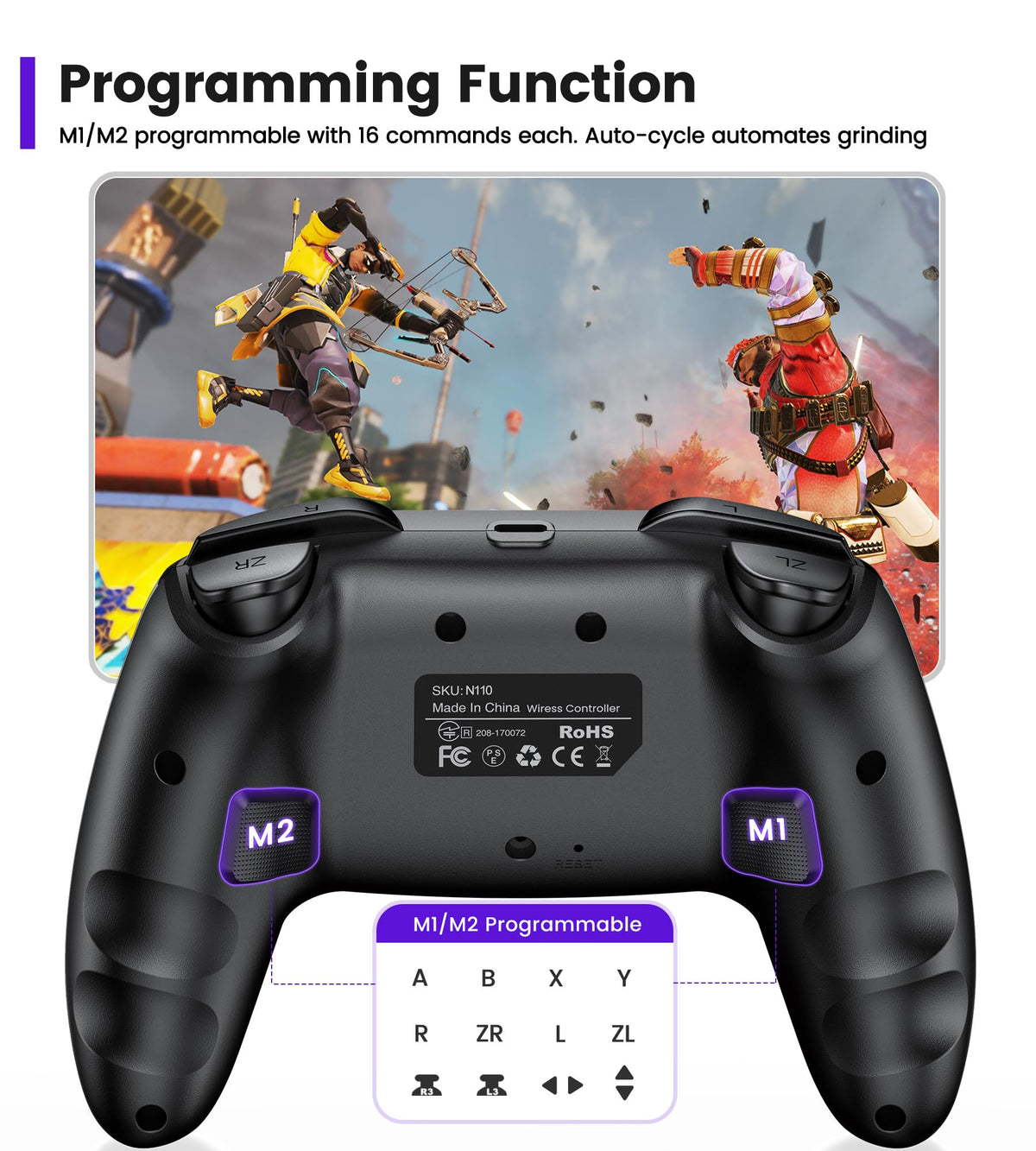 Elisween multi platform wireless gamepad showcasing the layout of action buttons and turbo control switch