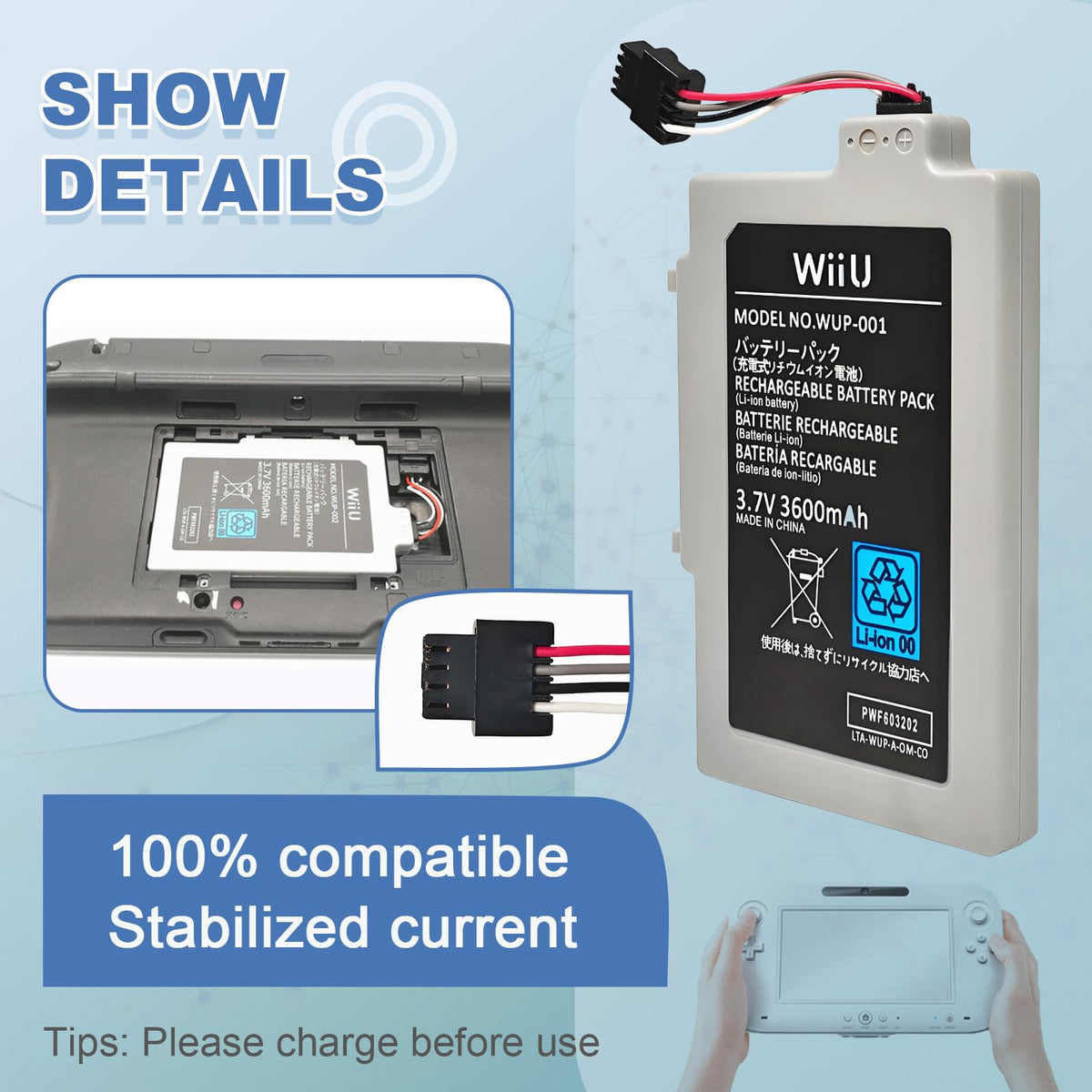 Rechargeable 3600mah battery pack layout with included mini screwdriver tool accessory