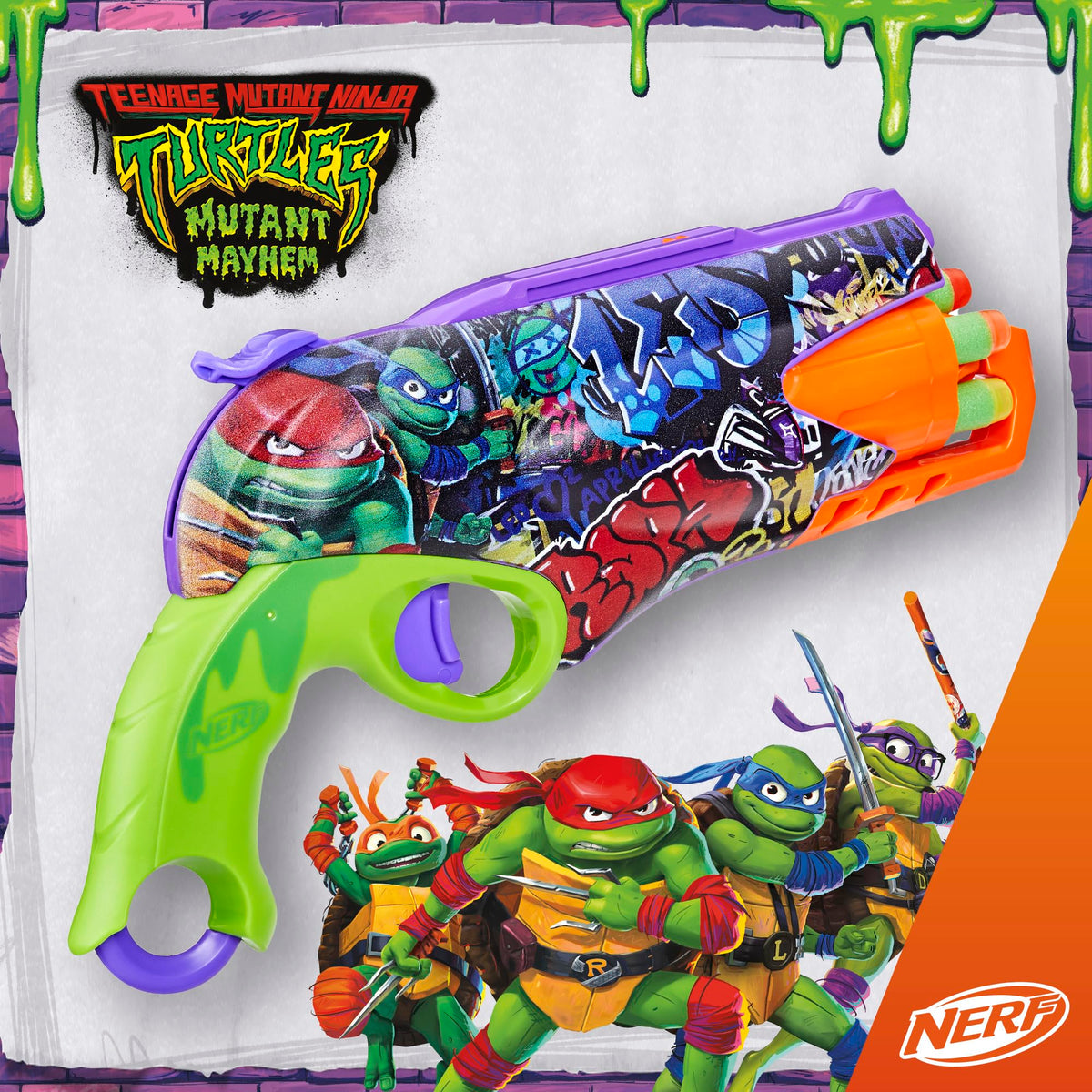 Child holding Nerf Teenage Mutant Ninja Turtles toy blaster for size reference